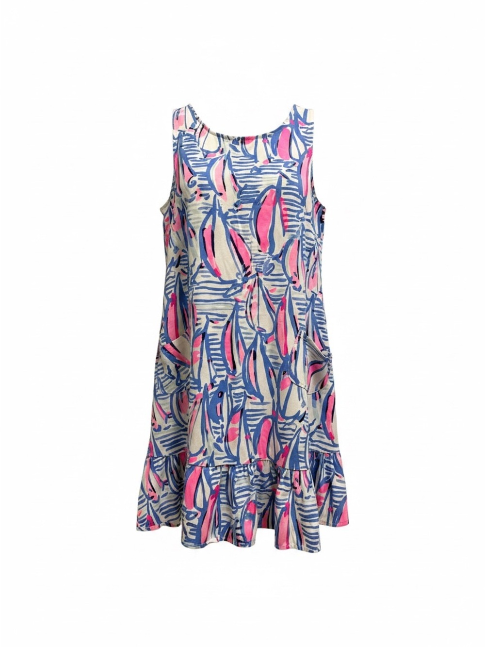 Lilly Pulitzer Pink & Blue Sleeveless Printed Ruffle-Hem Midi Dress